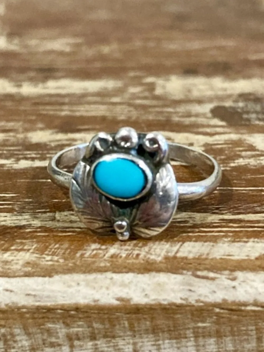 Super Tiny Silver Tone Ring with Turquoise Colored Center • Size 2.25